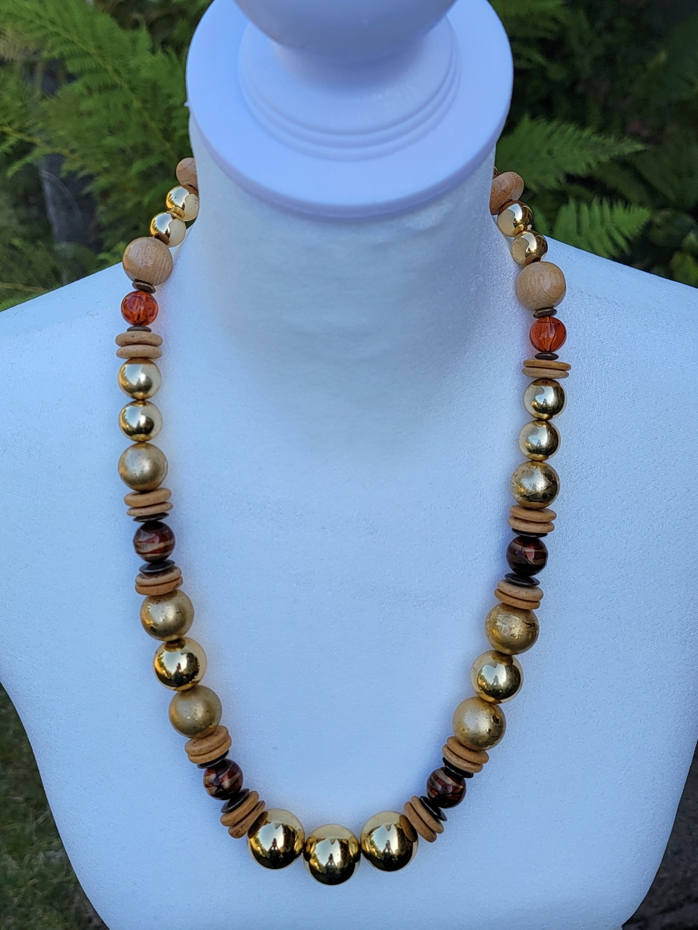 Vintage Gold and Brown Beaded 24" Necklace with Wooden Accents - Women's Jewelry